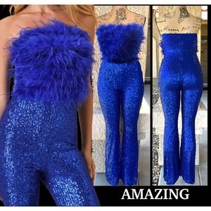 Lulus Dresses Lulus Blue Feather Sequins Combo Jumpsuit Size